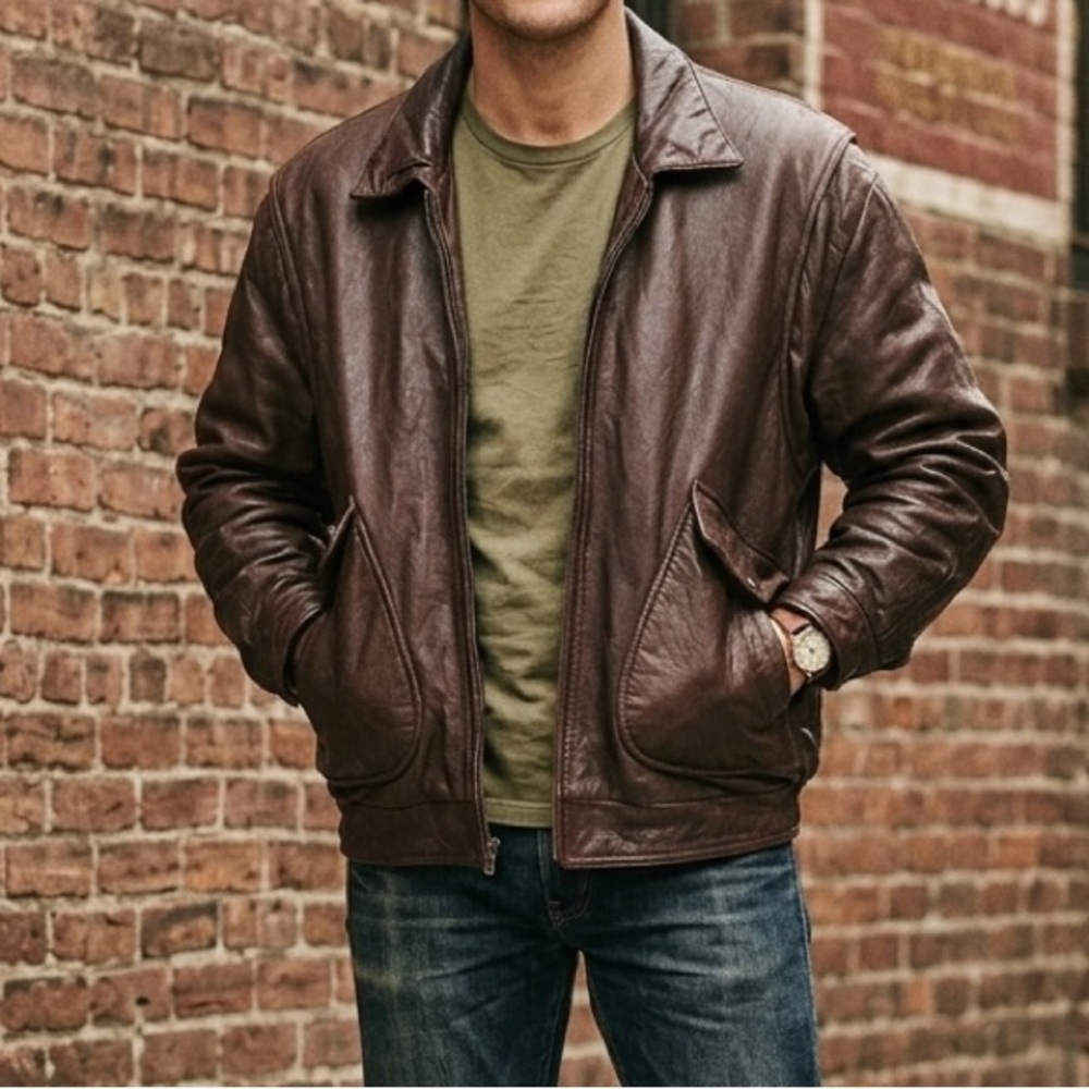 Alexander Julian Men's Brown Leather Bomber Moto Jacket Size XL